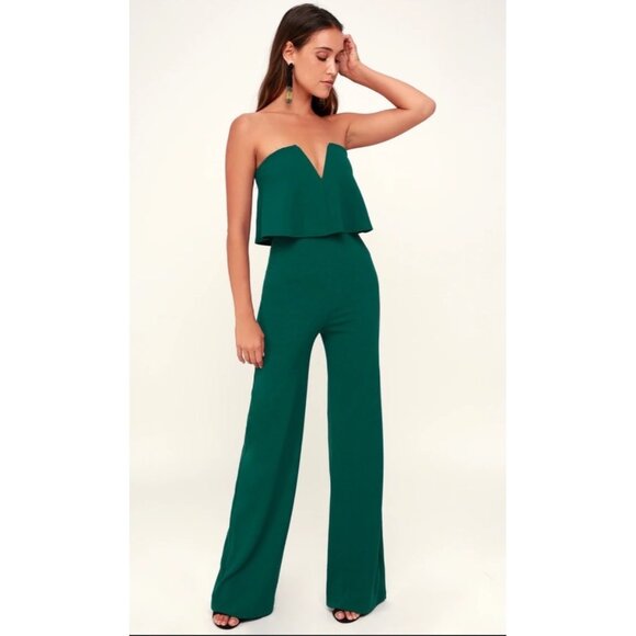 Lulus Strapless Emerald Green Jumpsuit With Flounce Top & Wide-Leg Pants - Picture 1 of 6